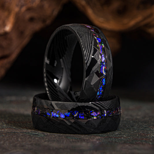 "Blue Space" Damascus Ring with Blue Opal 8 mm