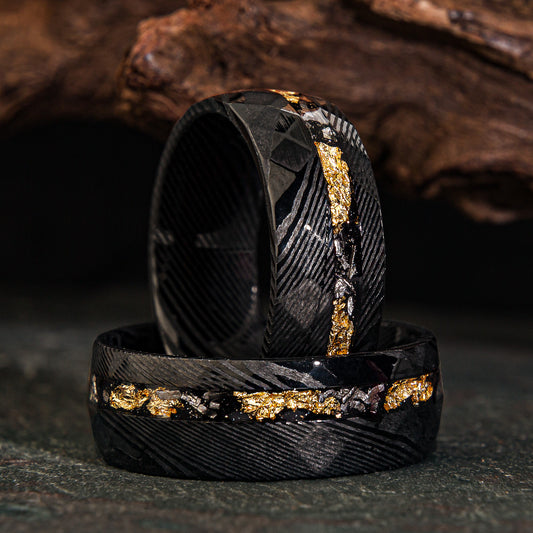 "Black Mamba" Damascus Ring with Gold 18k Leaf 8 mm